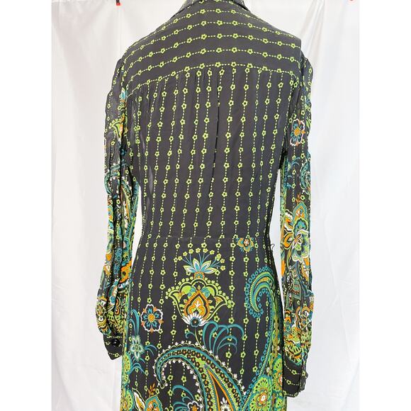 Vintage 70s Psychedelic Paisley Shirt Dress – Black, Green, Floral, M - Picture 11 of 16